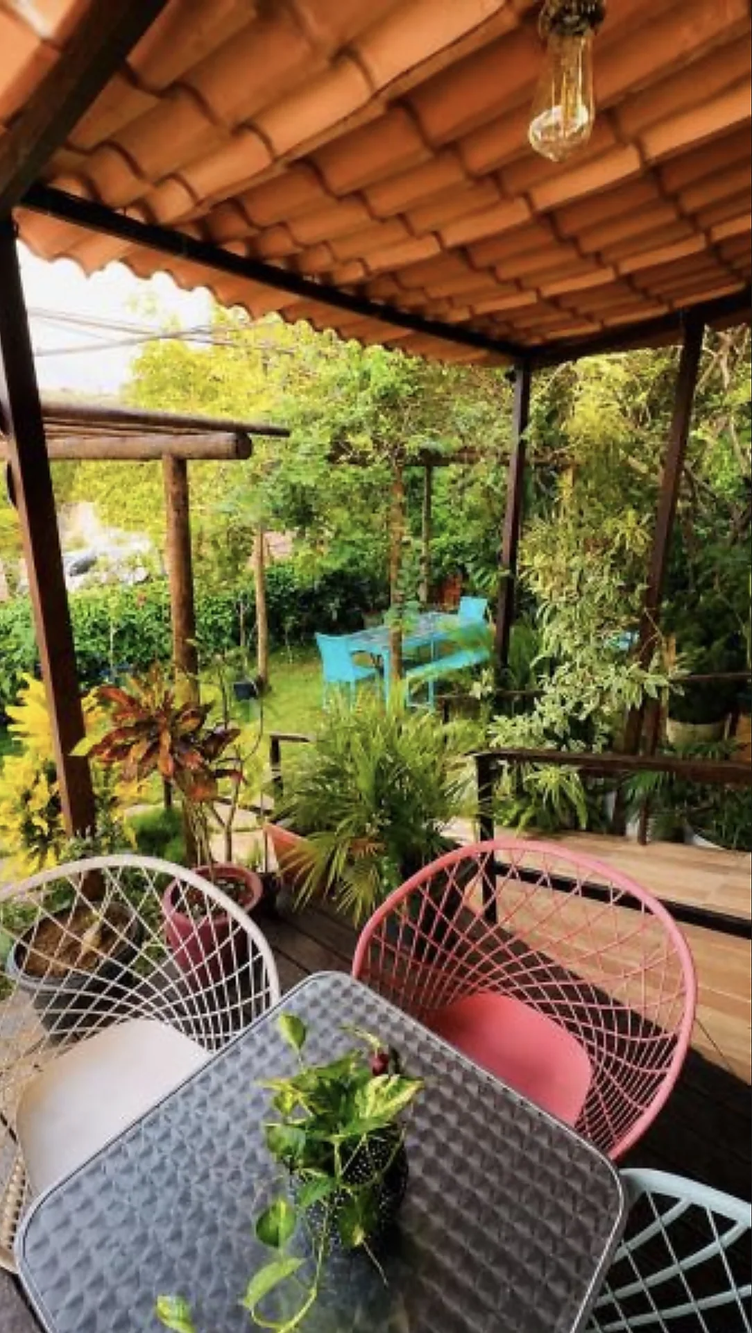 Área de descanso com cadeiras e plantas
